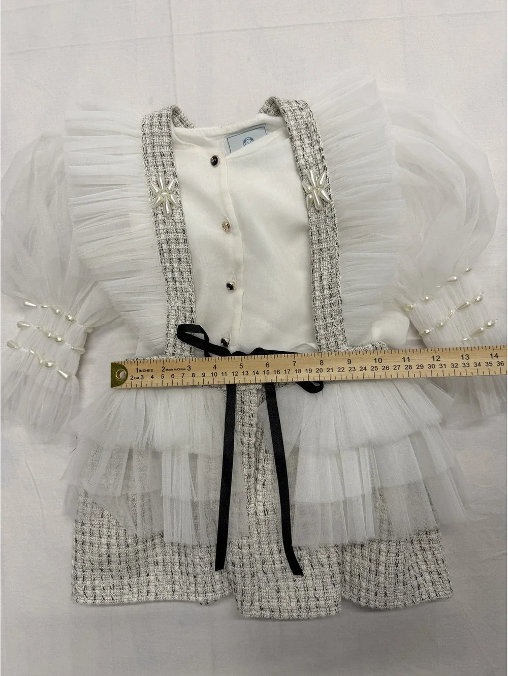 Petite Maison Kids White Tulle and Tweed Dress with Pearl Details and Black Bow